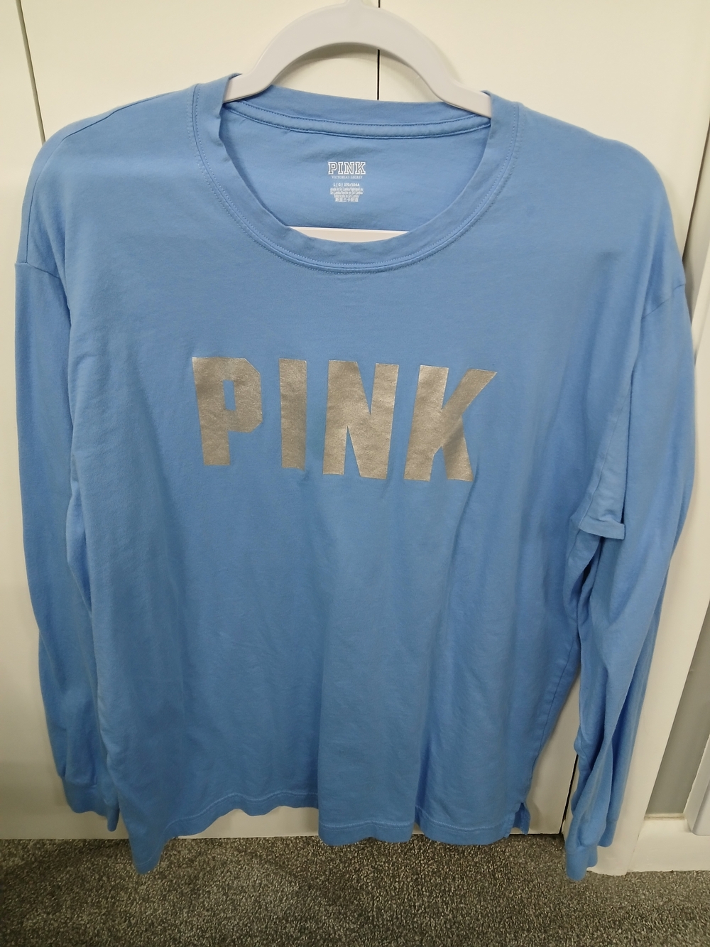 PINK Victoria's Secret Light Blue Long Sleeve Tee with Silver Logo